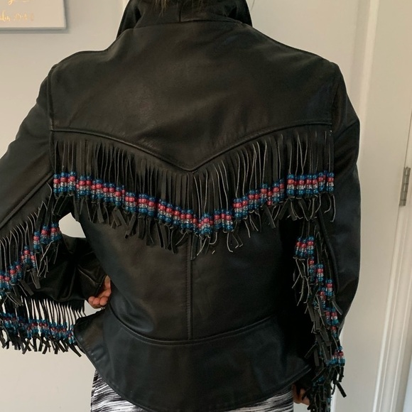 Vintage Black Leather Racer Motorcycle Lined Jacket‎ tassels beaded customized - Picture 7 of 16